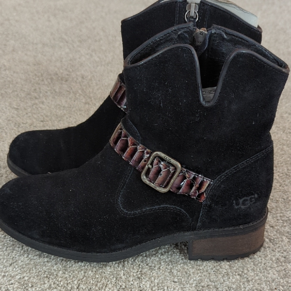 UGG Black Suede Ankle Booties with Buckle Detail
